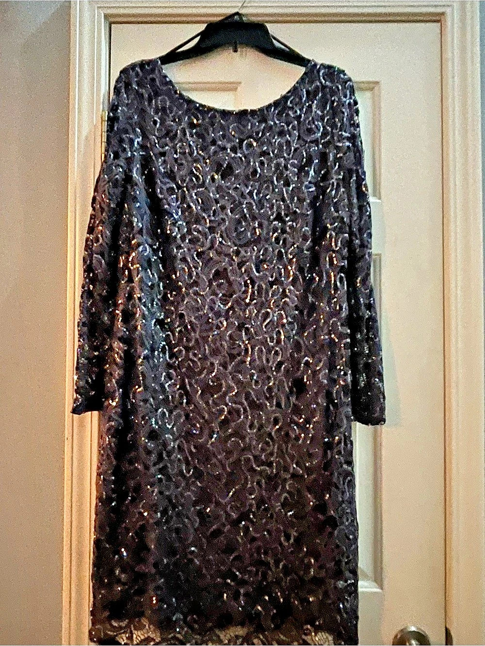 MARINA Charcoal Plum Sequin Lace Scoop Back Cocktail Sheath Dress - XL
